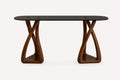 Eitan console table with smoked glass top on sculptural wood base