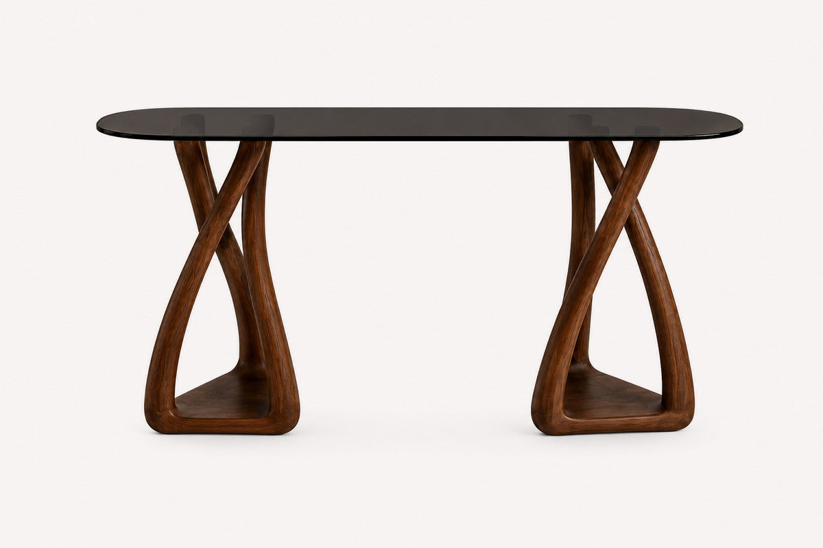 Eitan console table with smoked glass top on sculptural wood base