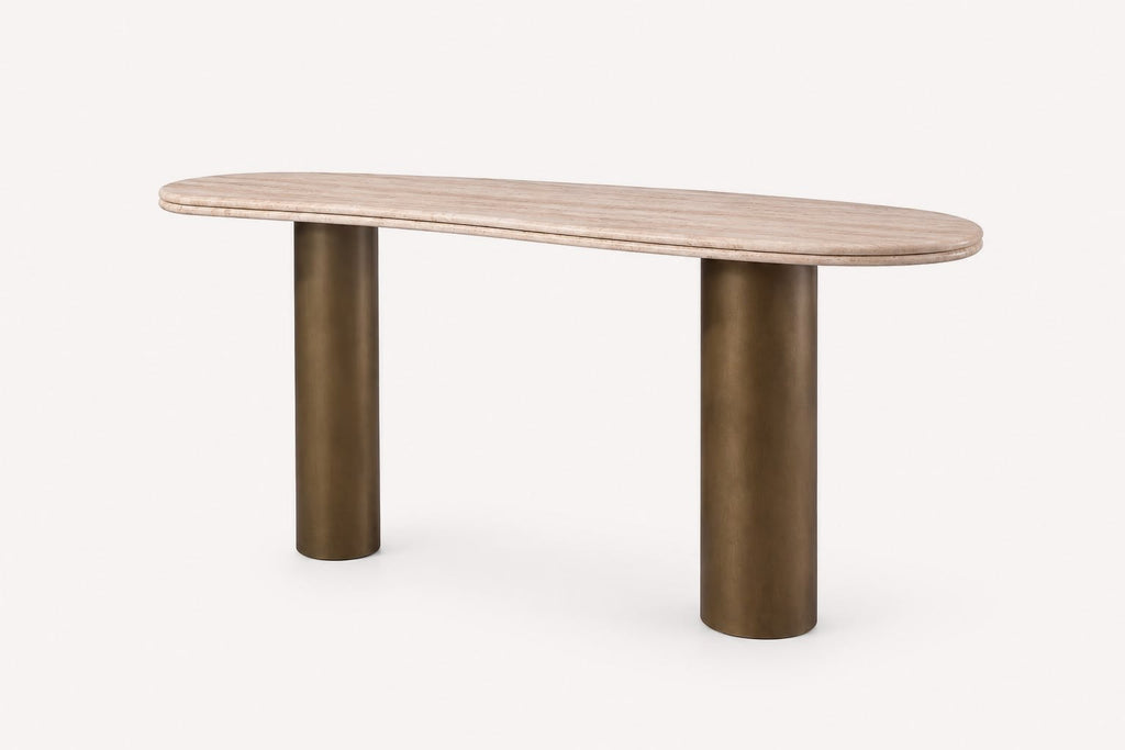 Sorrento console table with light stone-tone top on two bronze cylinder bases