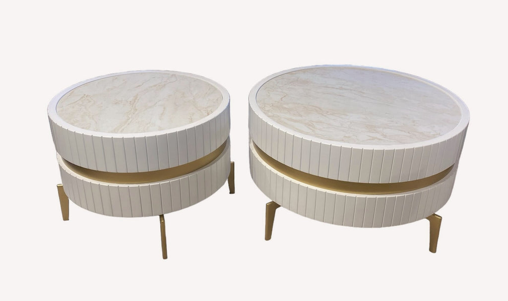 Sunny pair of fluted ivory drum tables with gold band