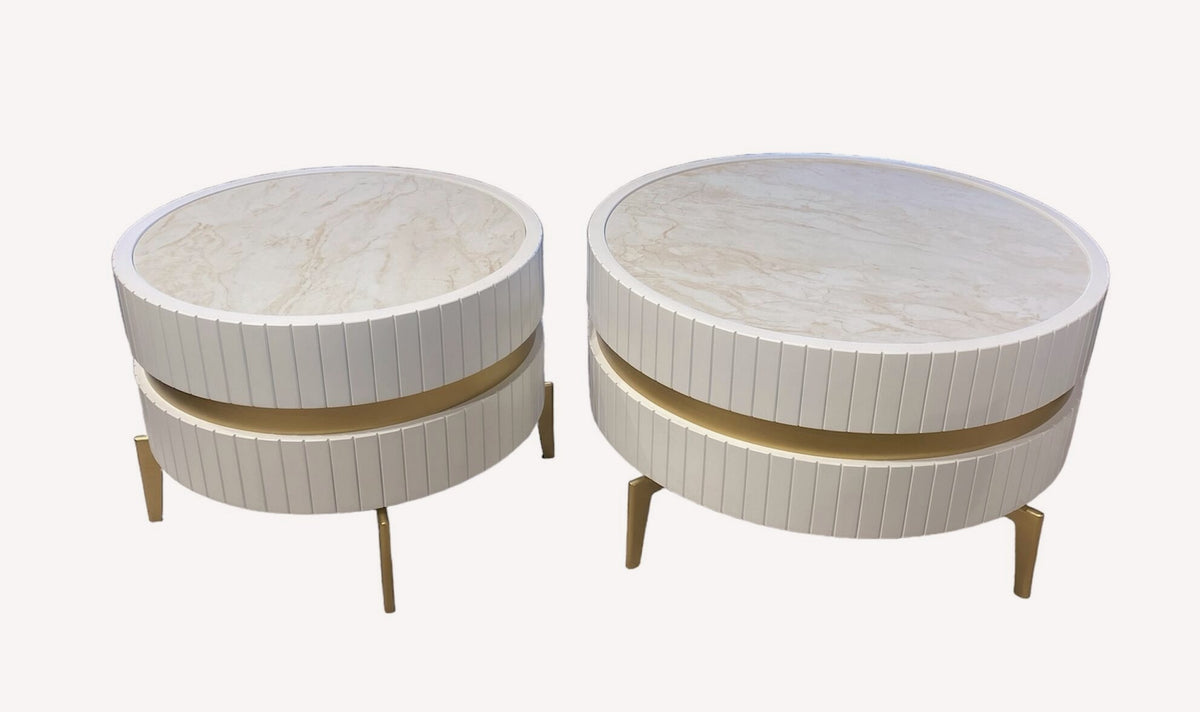 Sunny pair of fluted ivory drum tables with gold band