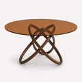 Orian round glass dining table on sculptural interlocking wood rib base