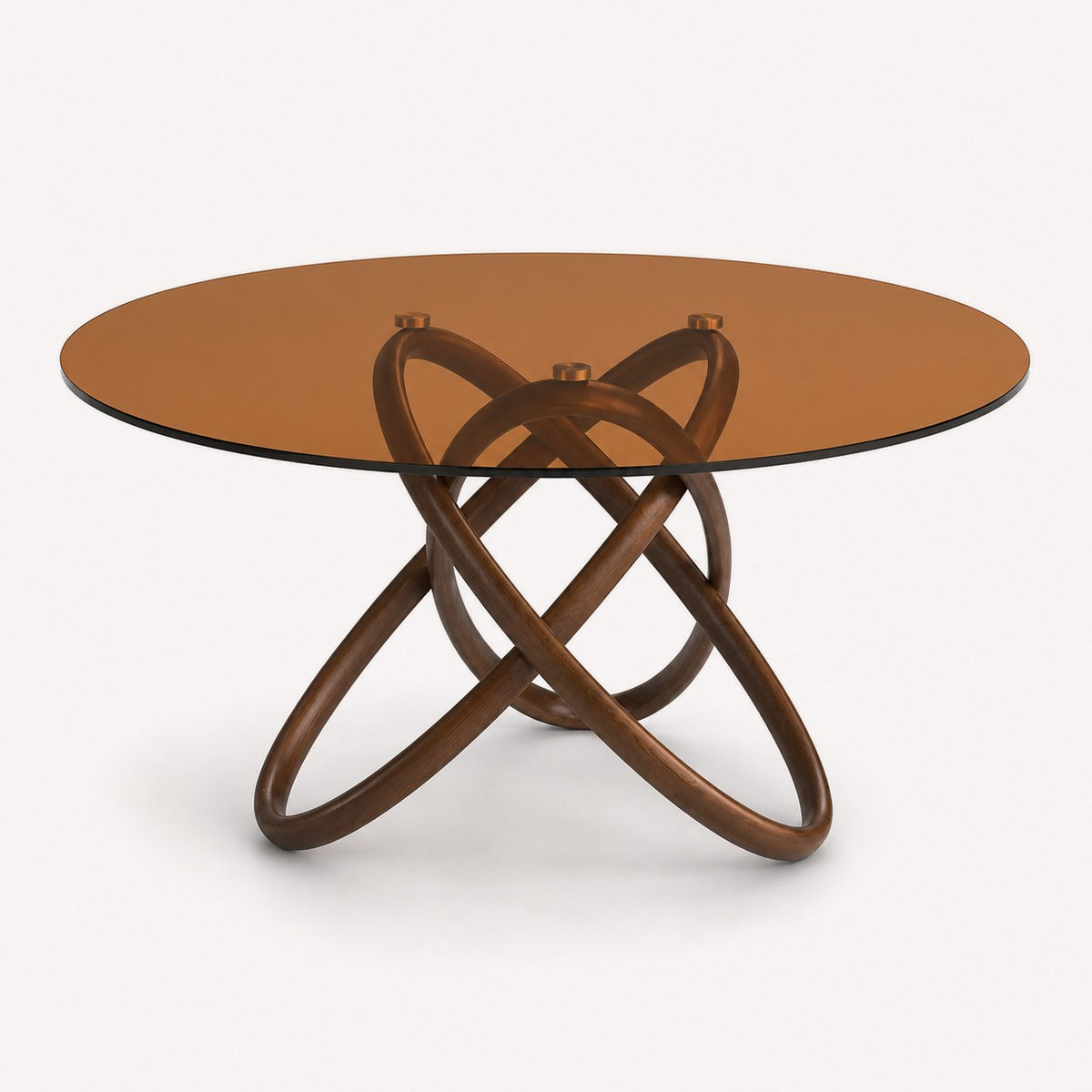 Orian round glass dining table on sculptural interlocking wood rib base