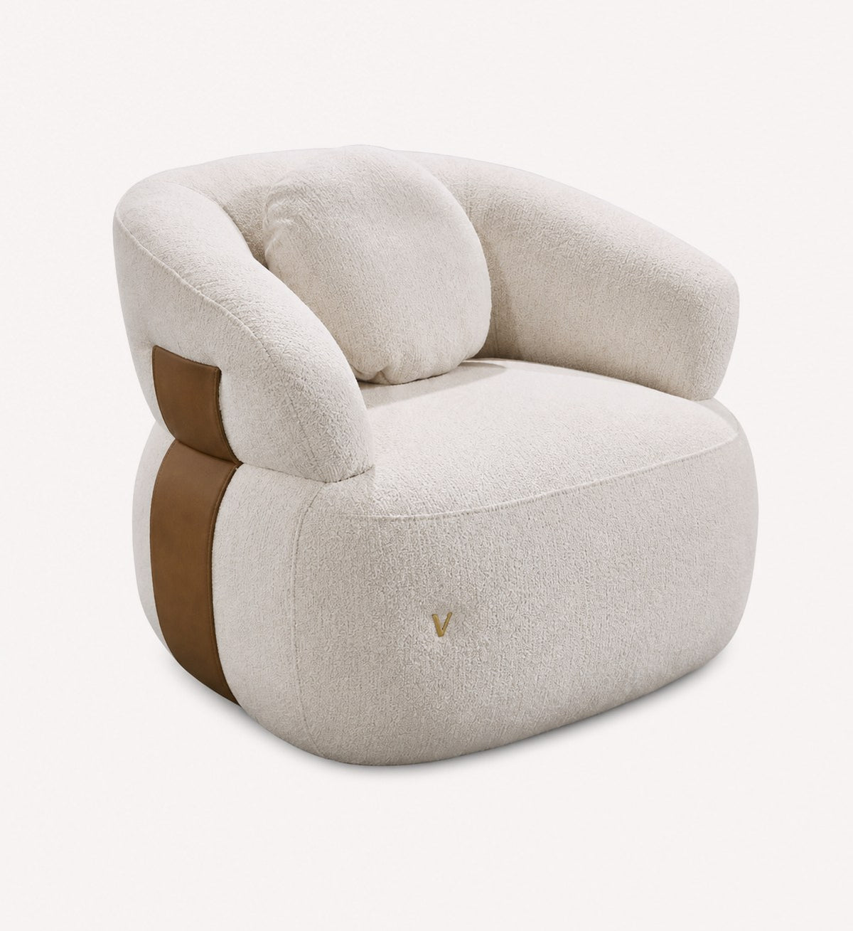 Mila rounded accent chair in woven fabric with leather side details