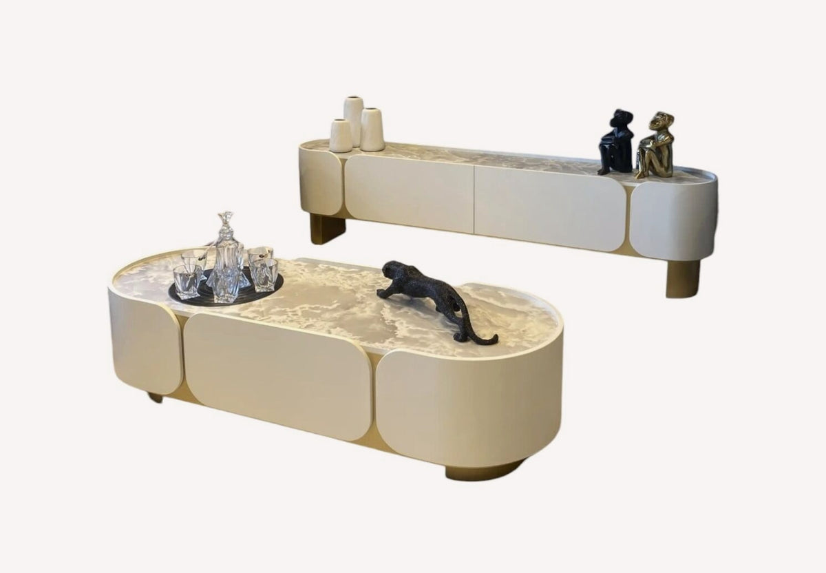 Cancun cream media console and oval coffee table set with gold feet