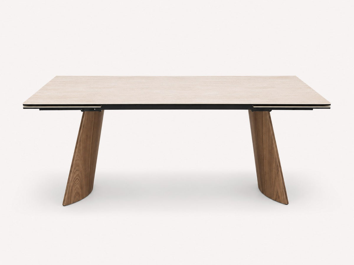 Hadar extendable travertine-look dining table with wood-tone base