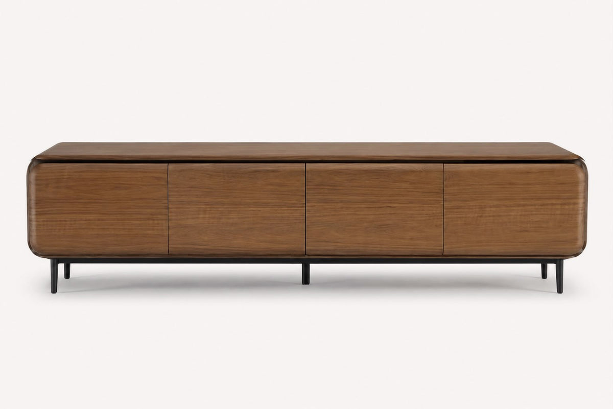 Valeria low walnut media console with four handle-free doors and black legs