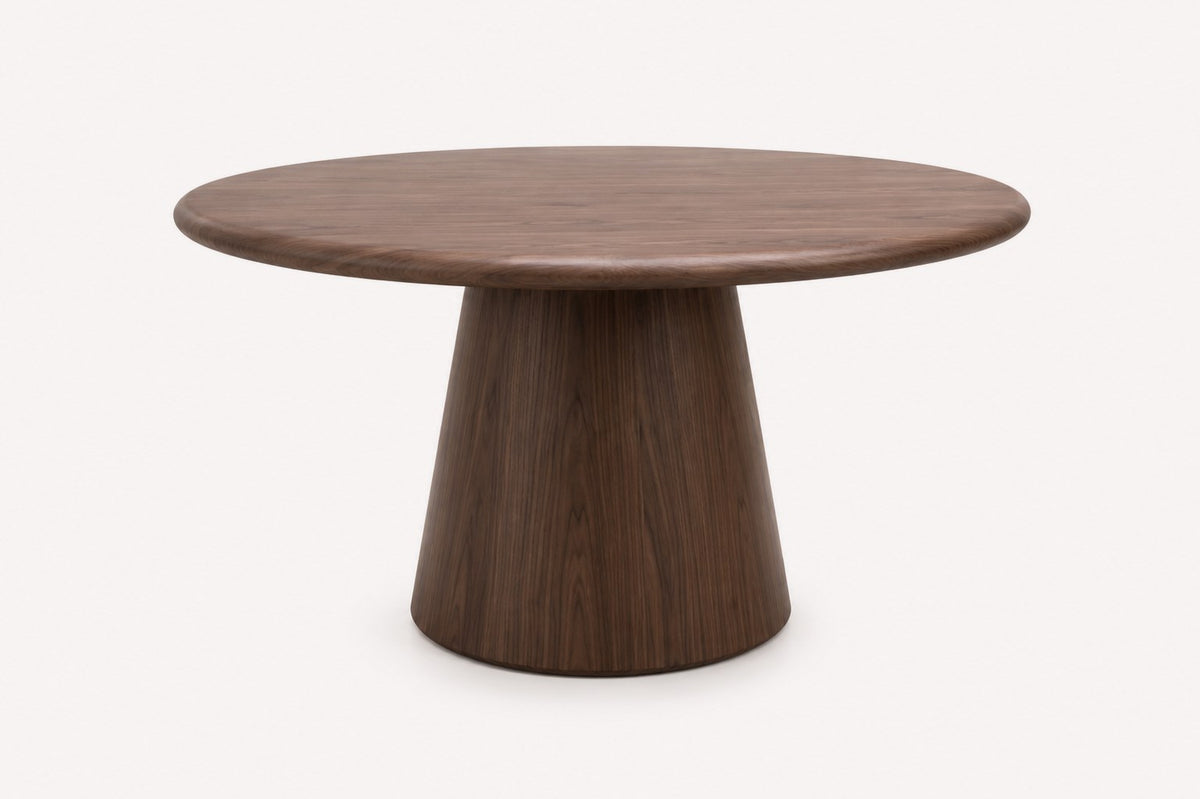 Hudson round dark walnut dining table on cone pedestal