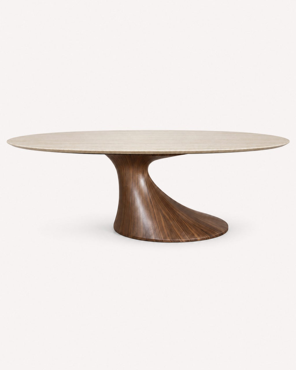 Louis travertine dining table on sculptural walnut base