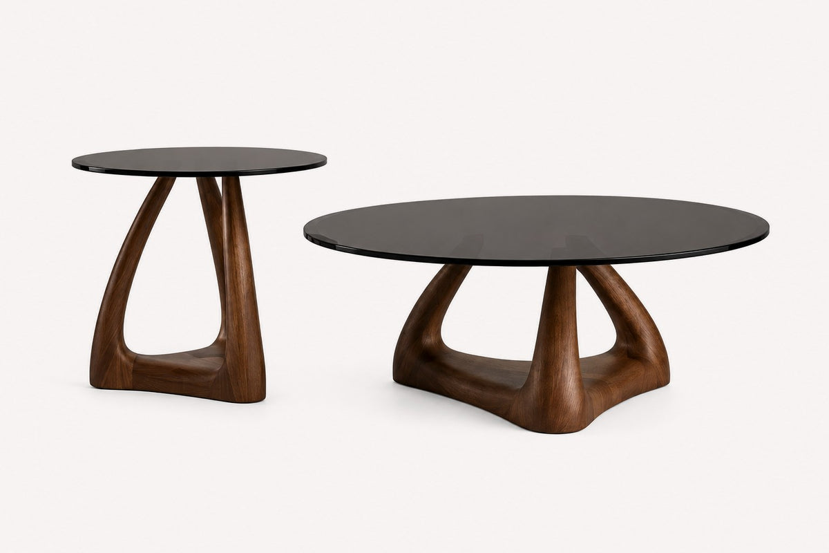 Eitan pair of coffee tables with smoked glass tops on organic wood bases