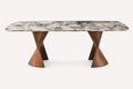 Verona marble dining table on twisting sculptural wood bases