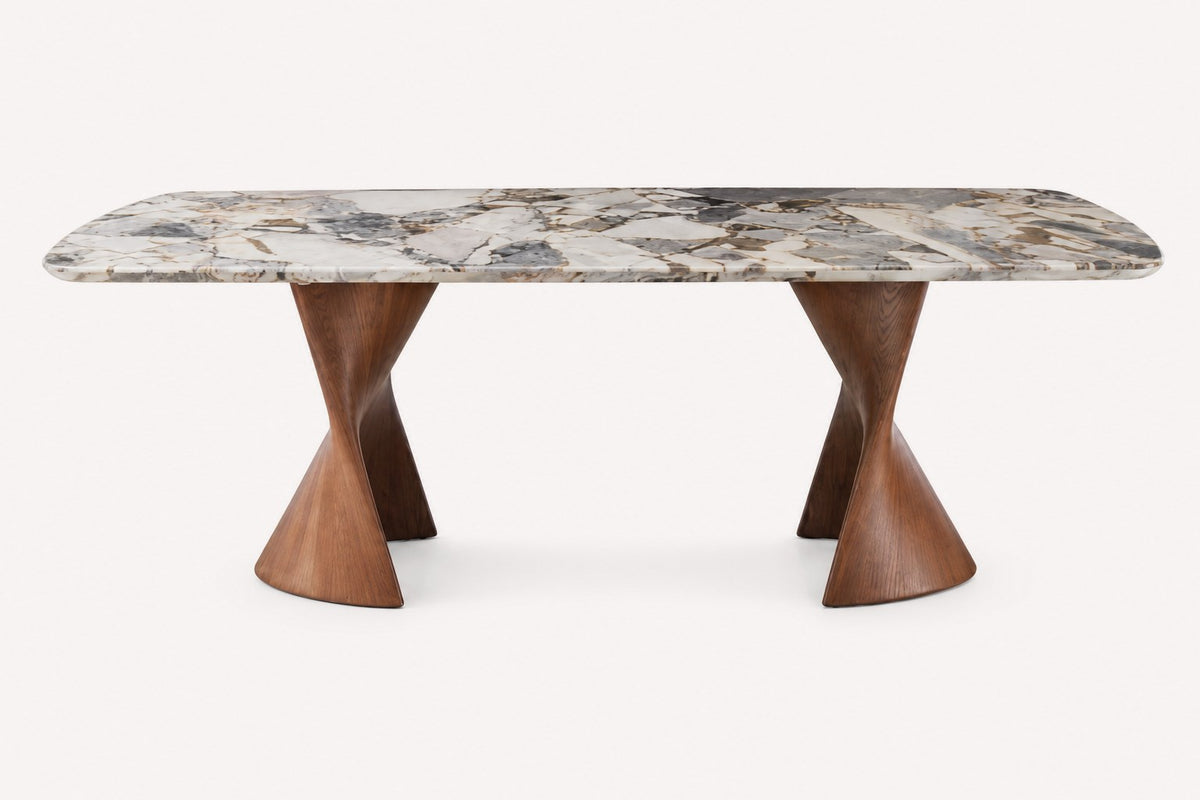 Verona marble dining table on twisting sculptural wood bases