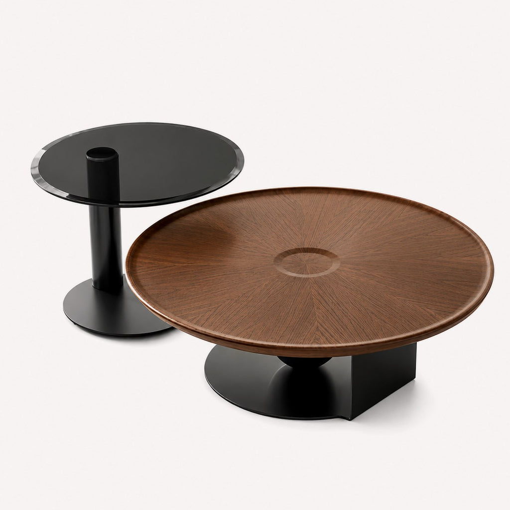 Valeria nesting walnut coffee tables on black metal bases