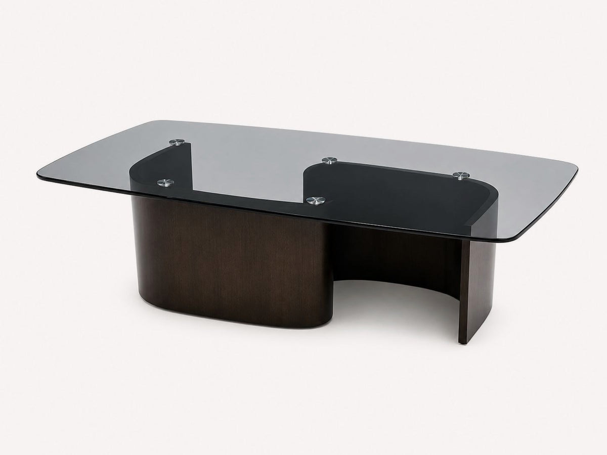 River coffee table with smoked glass top and sculptural dark steel base