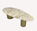 Kinder oval epoxy coffee table with gold veining on gold cylinders