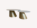 Keren pair of round marble look tables on slanted gold cone bases