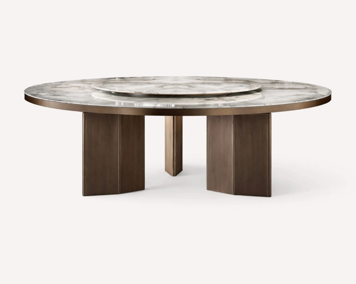 Shaylee round dining table with two-tier porcelain stone top and steel frame