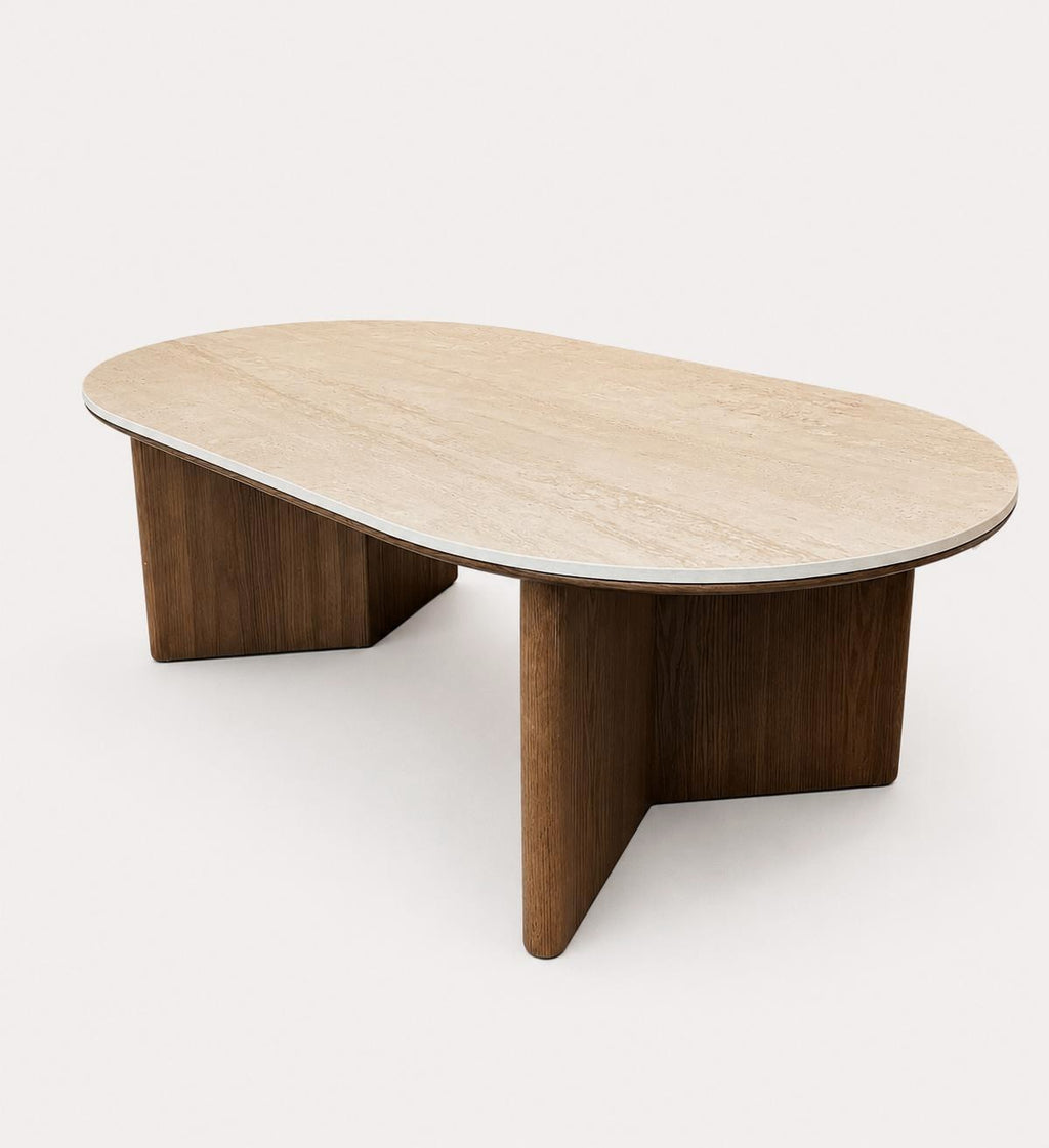 Bombay porcelain top dining table on rounded solid wood legs