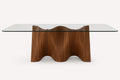 Wave glass top dining table on sculptural wavy solid wood base