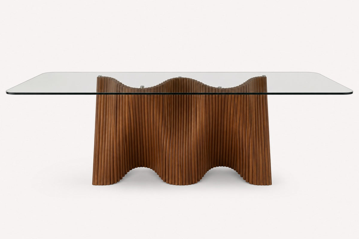 Wave glass top dining table on sculptural wavy solid wood base