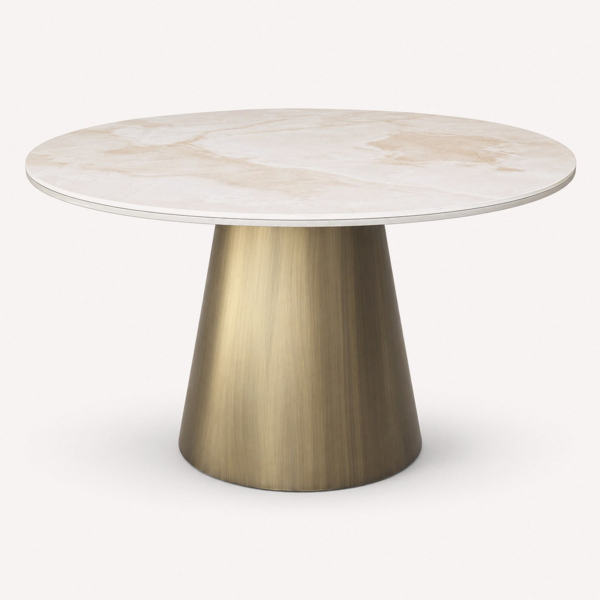 Cono round dining table with light stone top and bronze-gold cone pedestal