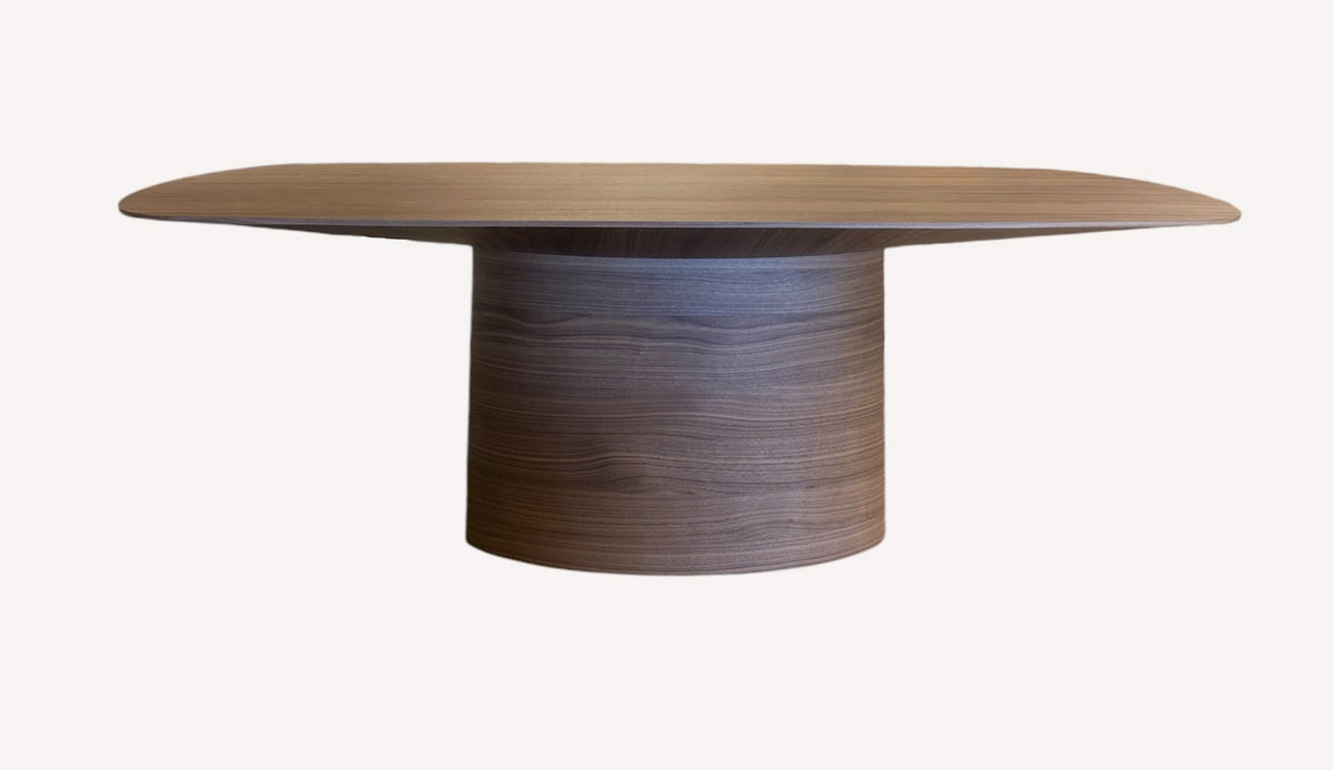Teak walnut veneer dining table on drum pedestal