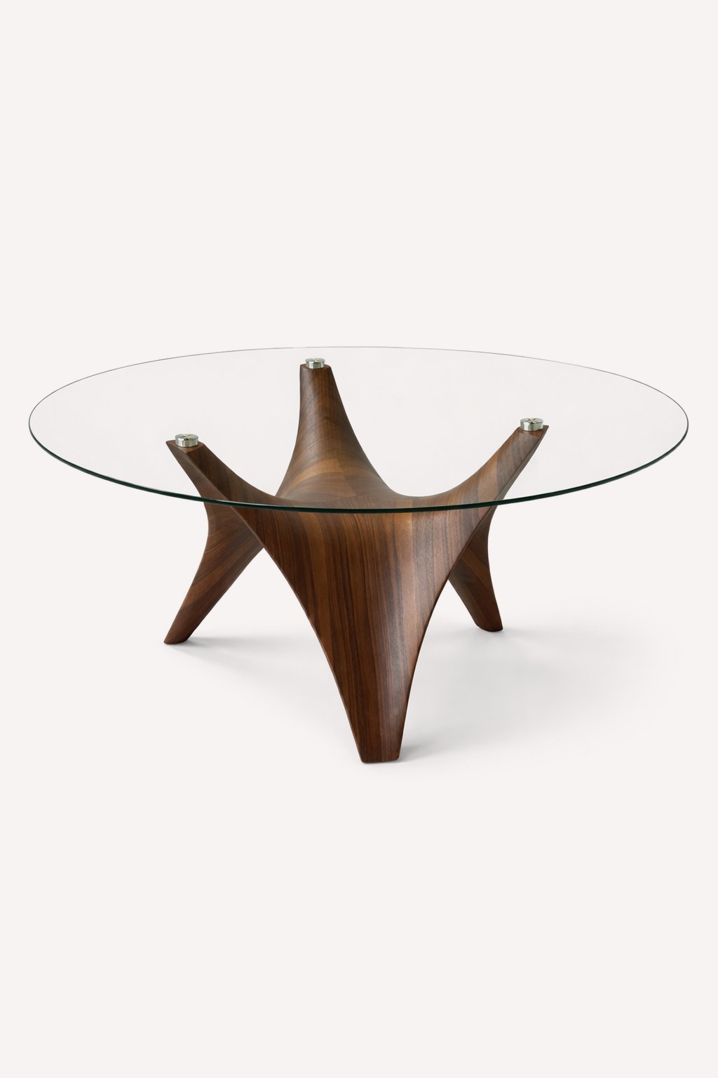 Mykonos round glass dining table on sculptural wood veneer pedestal