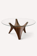 Mykonos round glass dining table on sculptural wood veneer pedestal