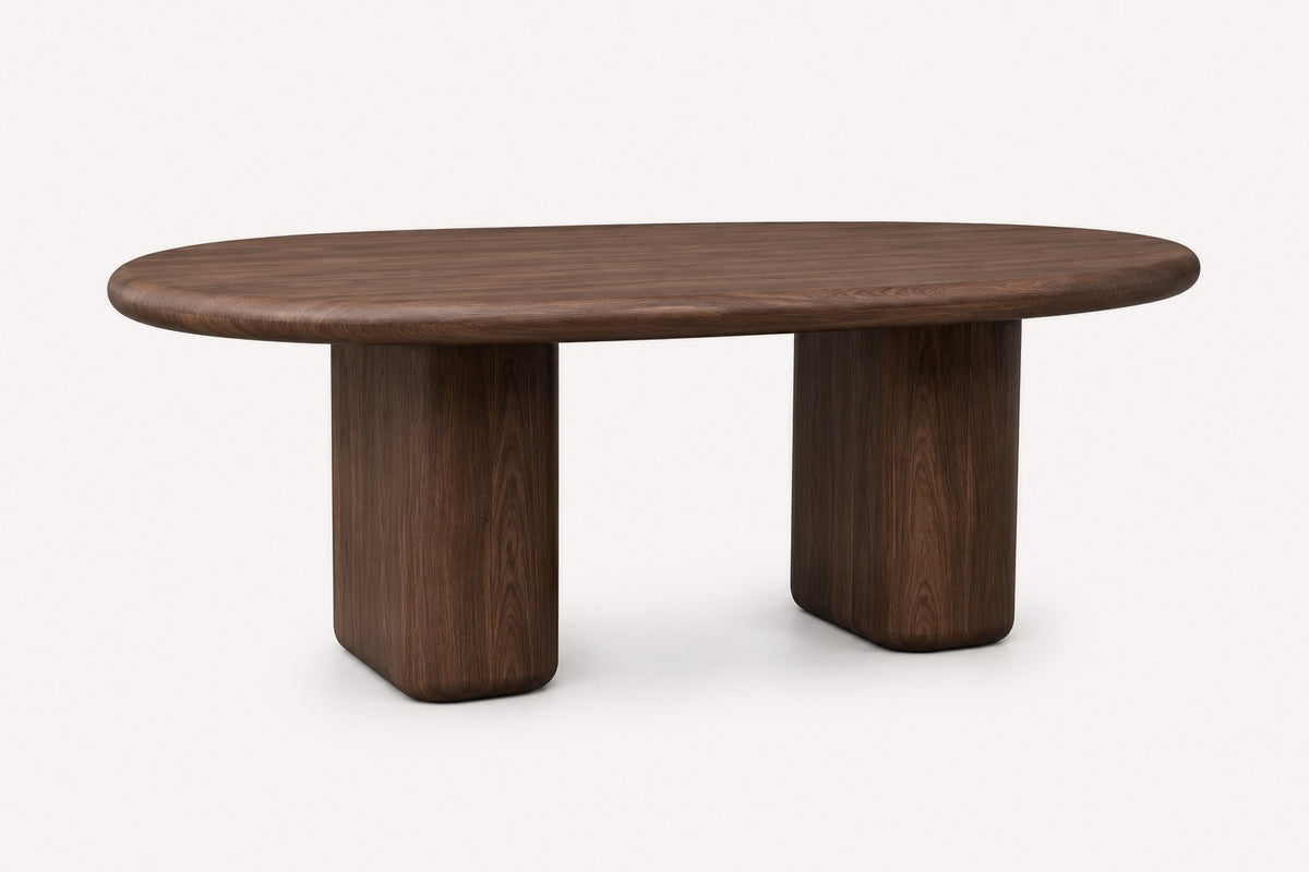 Art oval dark walnut dining table with sculptural double base