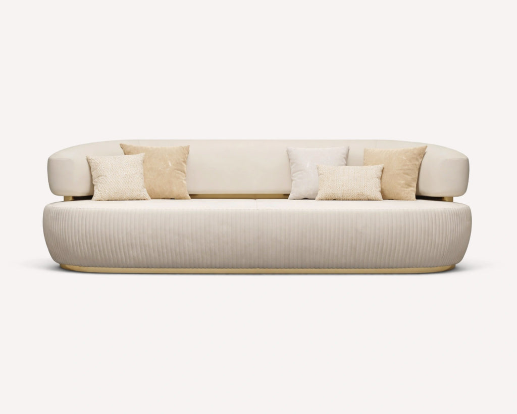 Hong Kong rounded sahara leather sofa with gold base band