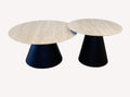 Verona pair of round travertine look tables on black cones
