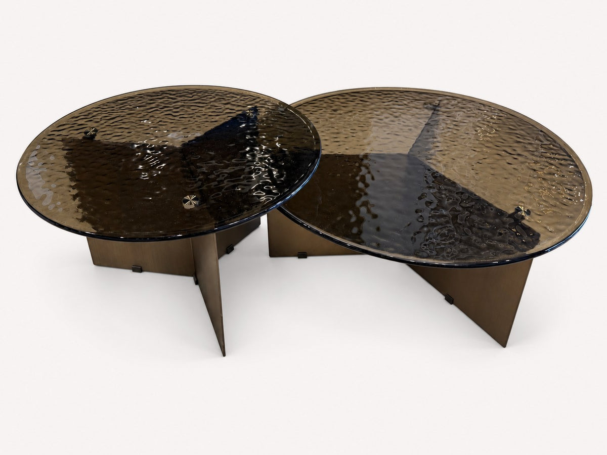 Glow set of two round textured glass coffee tables with bronze bases