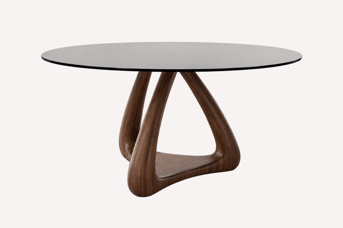 Eitan round smoked glass dining table on organic solid wood base