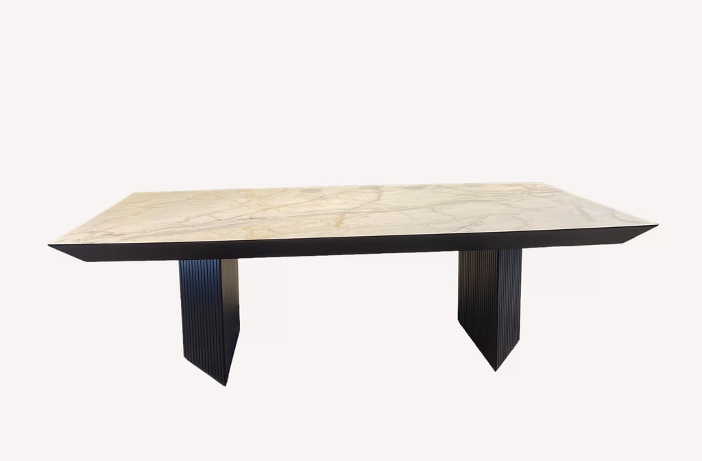 Paris marble look dining table on dark fluted legs