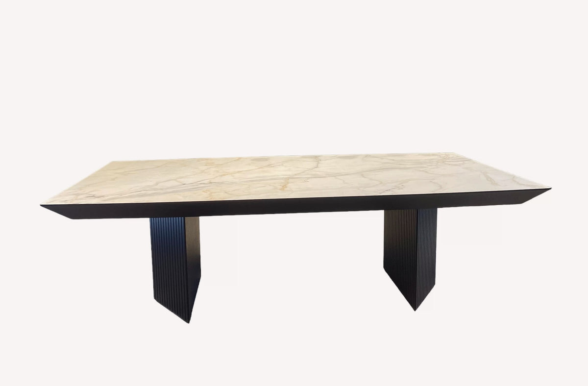 Paris marble look dining table on dark fluted legs
