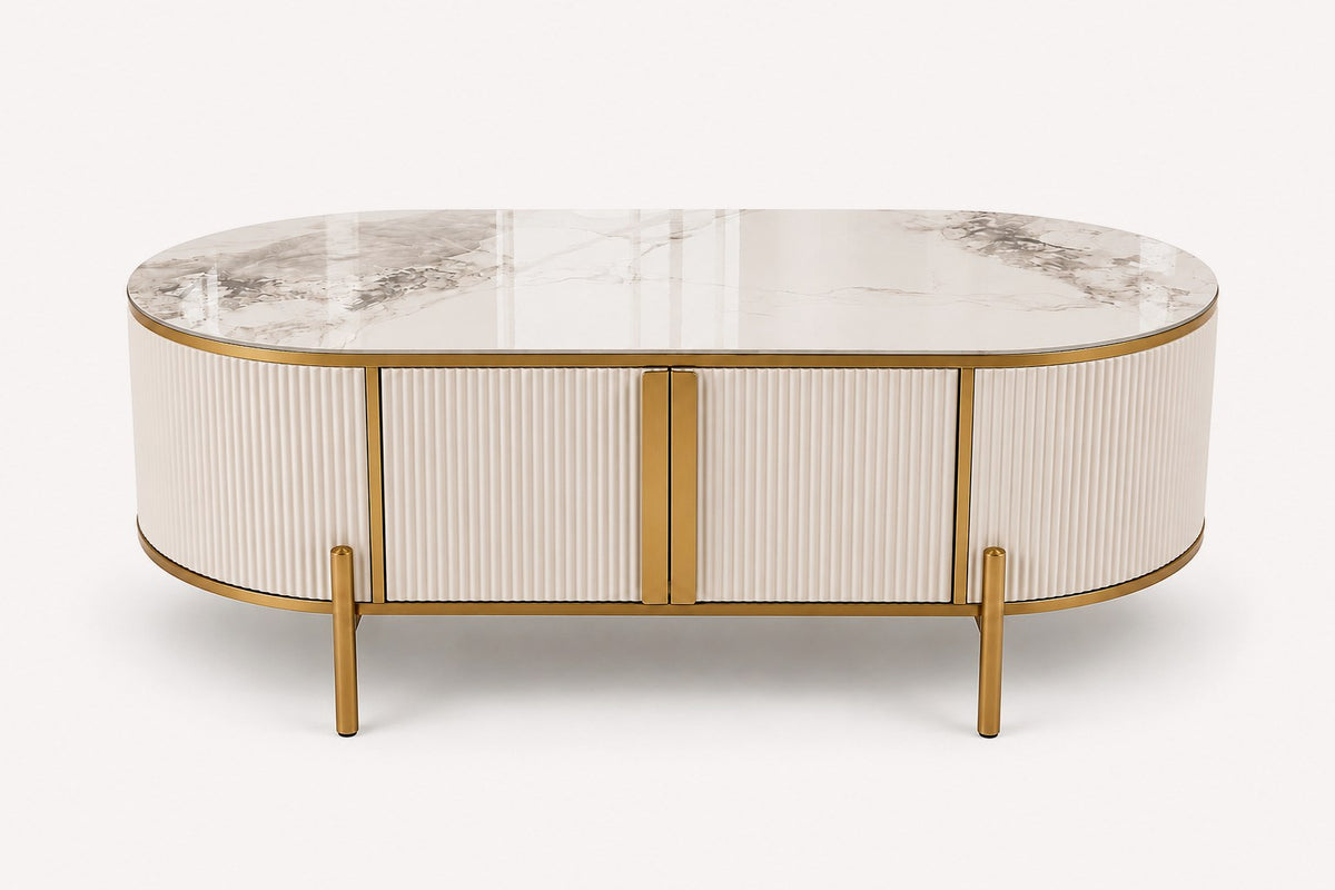 On fluted storage coffee table with sintered stone top and bronze trim