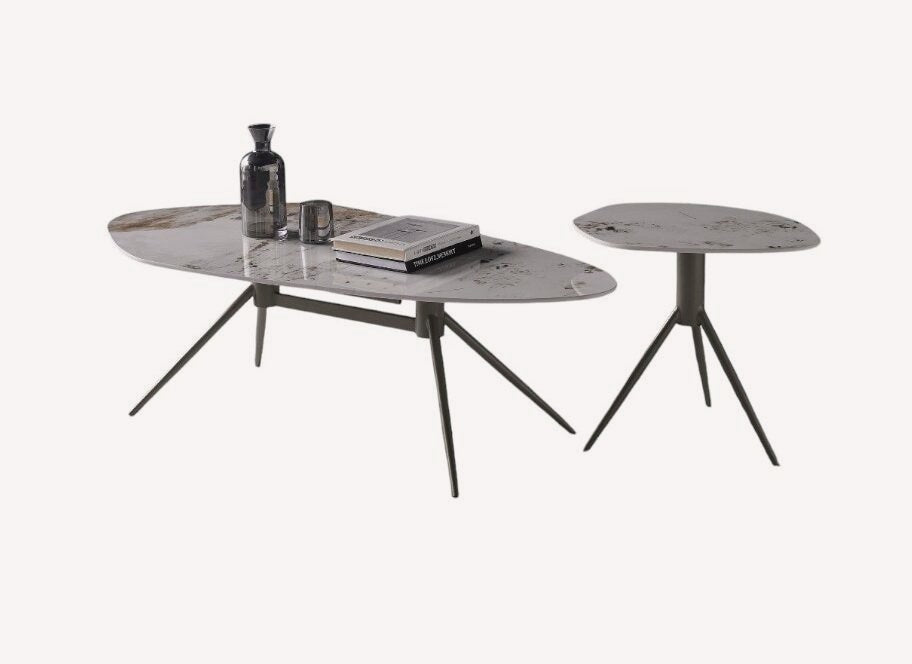 Space organic marble look coffee table and side table on slender legs