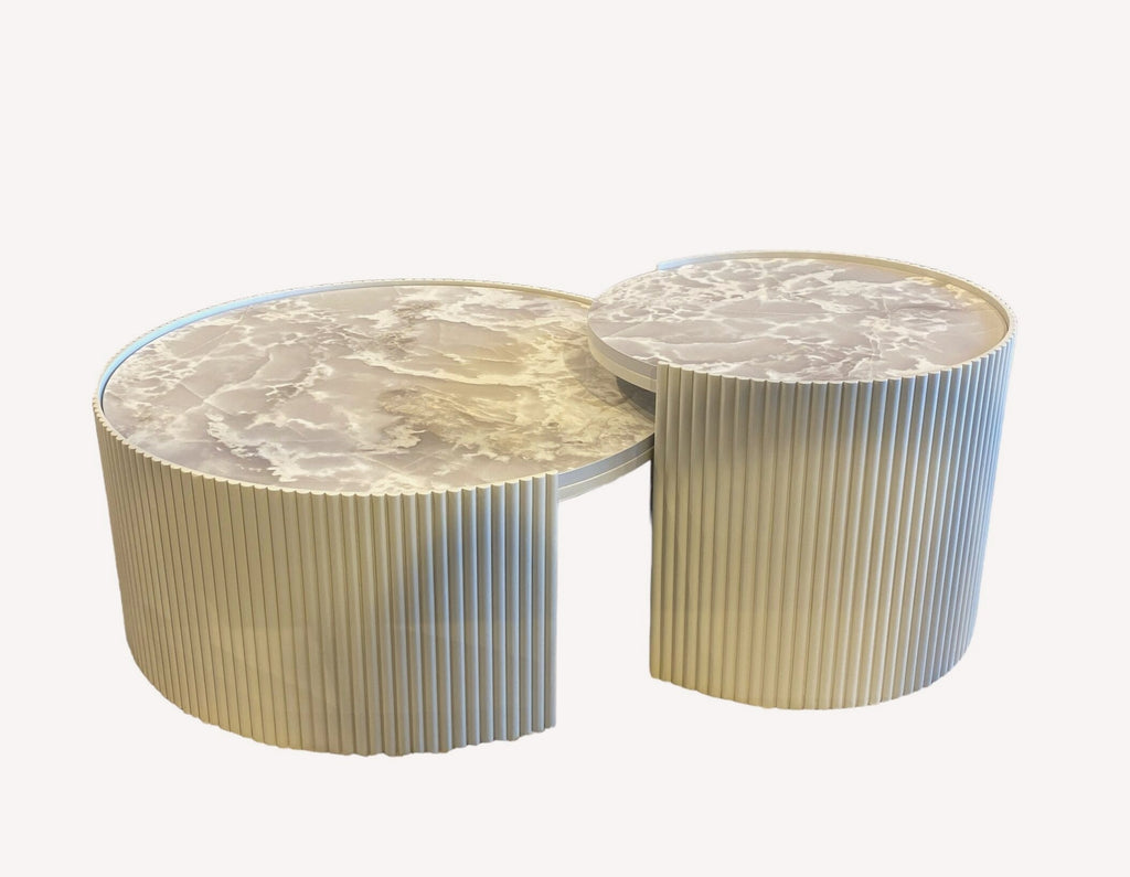 Toronto pair of fluted cream drum tables with marble look tops
