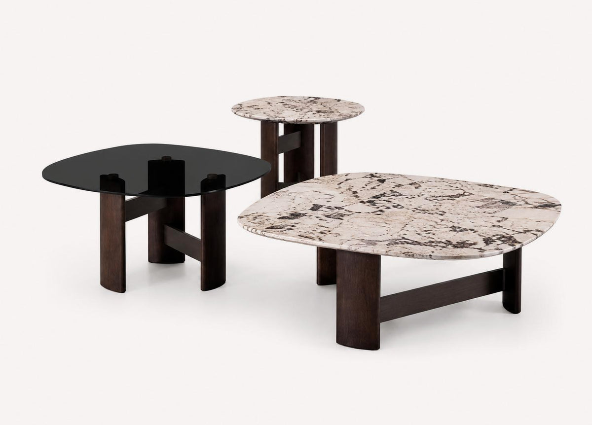 Noir set of three nesting tables with marble tops on dark geometric bases