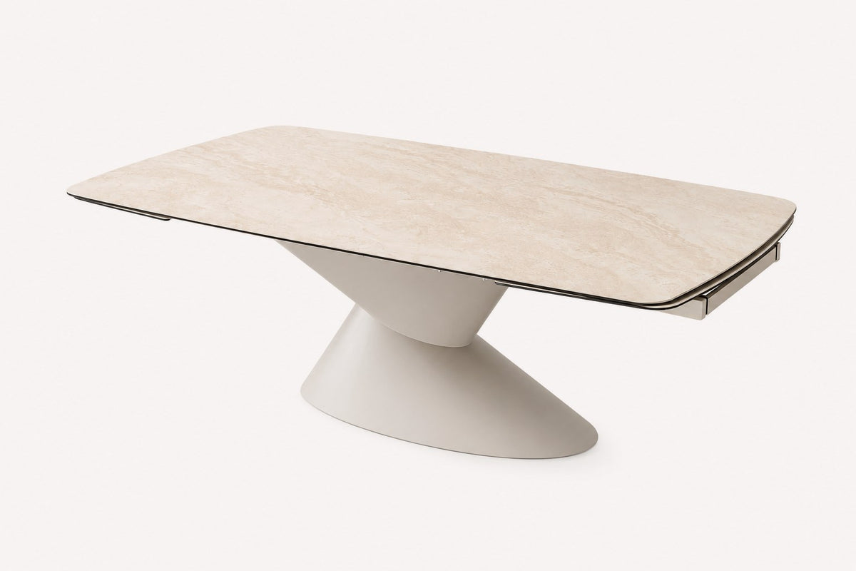 Tornado extendable travertine-look dining table on sculptural base