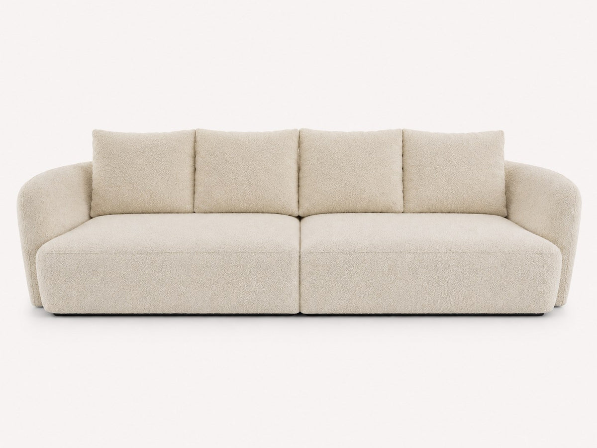 Audrey curved bouclé sofa with feather-filled back cushions