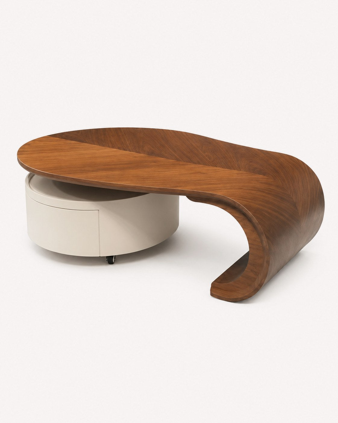 Stav sculptural walnut coffee table with curling top and white drawer drum