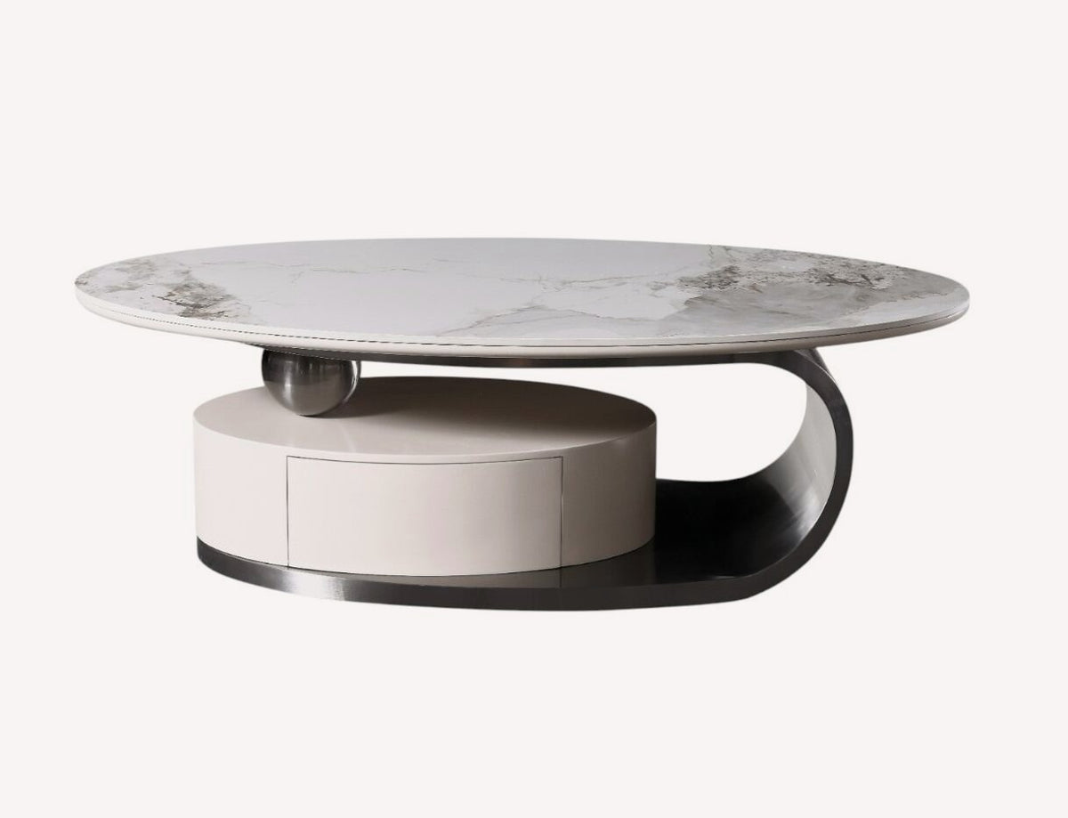 Dori oval marble look coffee table with looping frame and storage drum