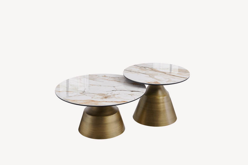 Cono pair of round marble look tables on brushed gold cone bases