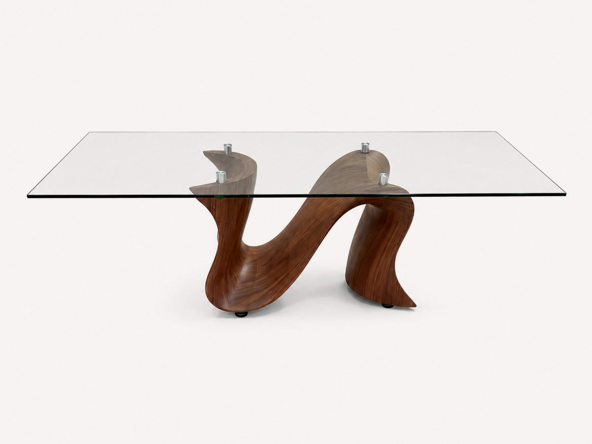 Anaconda coffee table with sculptural wave wood base under a glass top