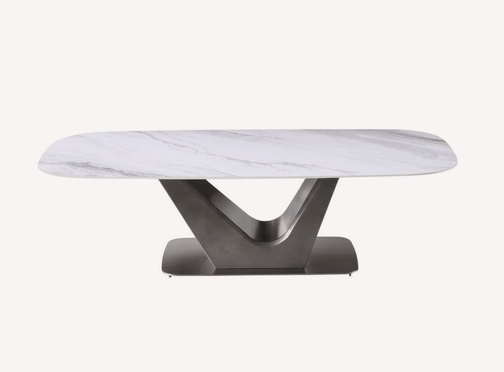 Vivian white marble look coffee table on V shaped base