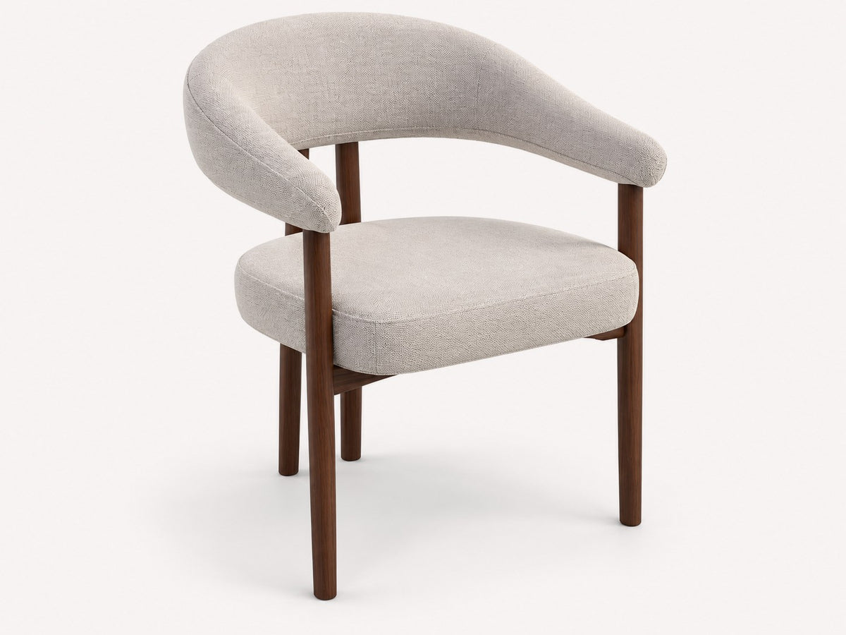 Milo curved dining armchair in light woven fabric with walnut-tone legs