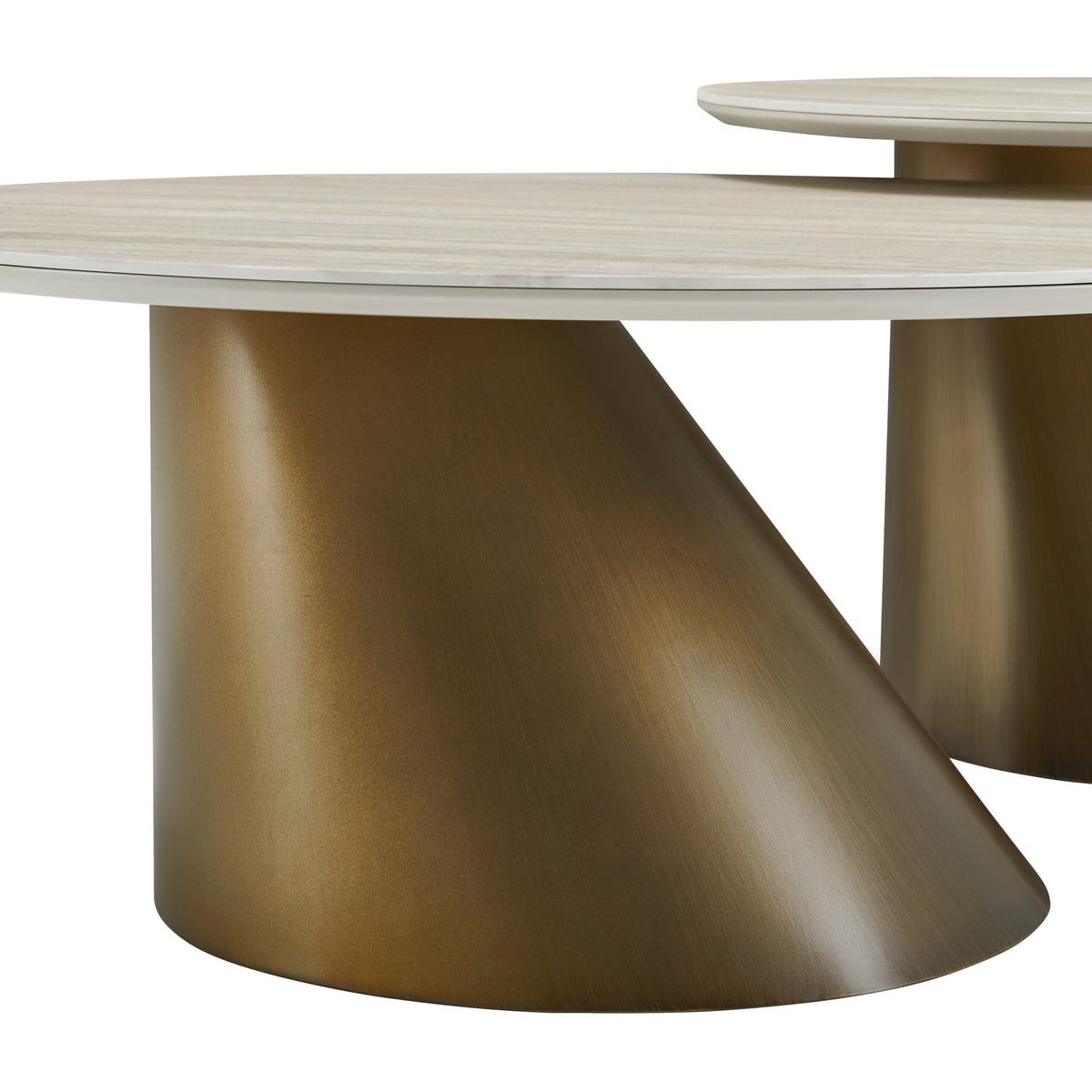 Mor pair of round travertine look porcelain coffee tables, view 5