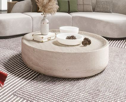 Madrid round travertine look drum coffee table and side table, view 2