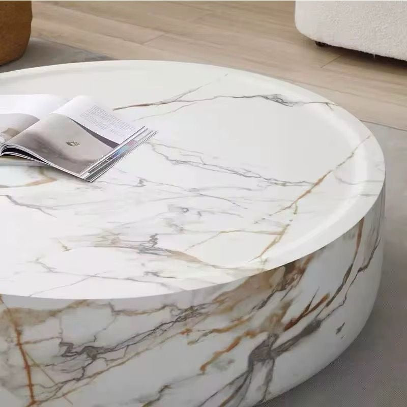Madrid round white marble look drum coffee table and side table, view 4